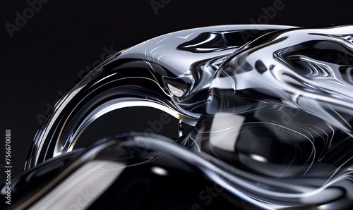 Highly detailed closeup of an abstract, glasslike object with smooth curves and reflections on a black background © artfisss