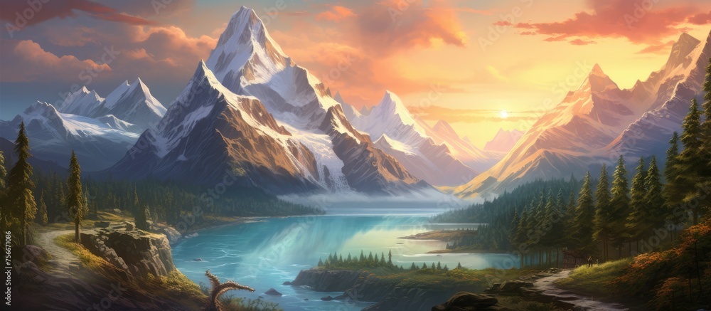A picturesque painting of a serene lake reflecting the vibrant colors of the sunset, with majestic mountains and cloudy skies in the background