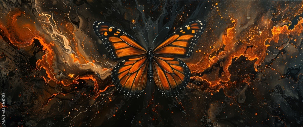An orange butterfly with black wings in the middle of an abstract painting