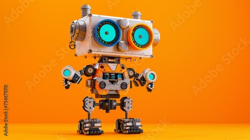 A toy robot striking a pose in front of a vibrant orange background