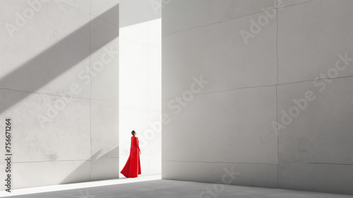 Frau im roten Mantel vor einer riesigen Hausfassade Generative AI