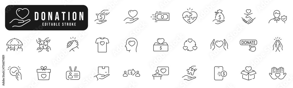 Set of donation line icons. Charity, care, heart, help, hand, support, coin etc. Editable stroke