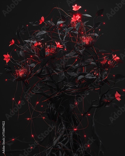 black background, black and red glowing wires in the shape of a tree with leaves and flowers