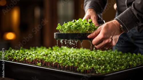 Harvesting microgreens in action. capturing the moment of picking fresh and healthy microgreens