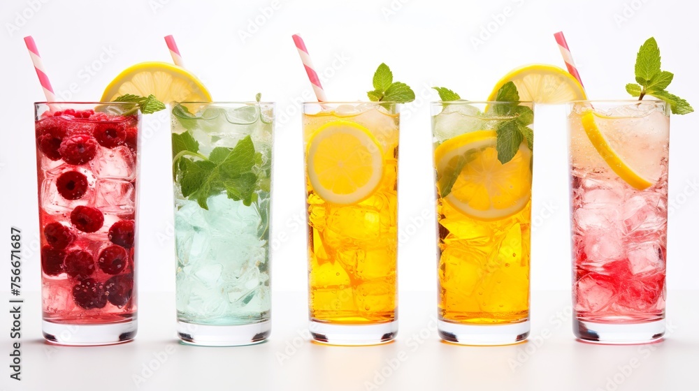 Delicious refreshing drinks in glasses on white background