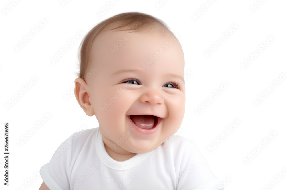 Portrait studio of young adorable baby with happy smile isolated on transparent background.