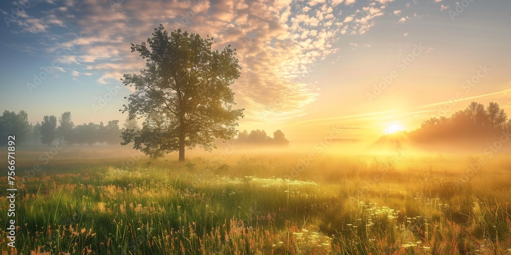 Beautiful summer landscape with trees and fog at sunrise in the morning mist on meadow. Beautiful nature background.