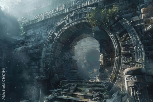 Ancient ruins with a hidden teleport gate activated by a time traveler