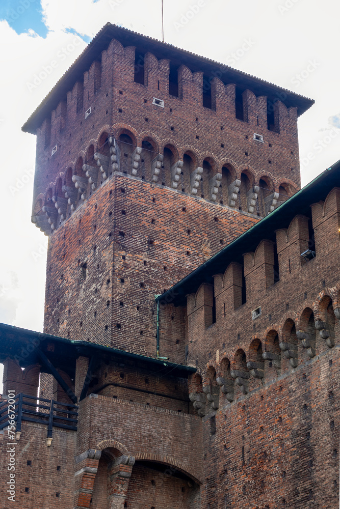 Castello Sforzesco or Sforza Castle in Milan, Italy. Huge Medieval-Renaissance fortress with historical museums and art collections.