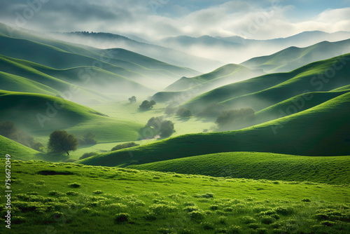 Rolling hills of emerald green  dotted with wildflowers and bathed in soft morning light