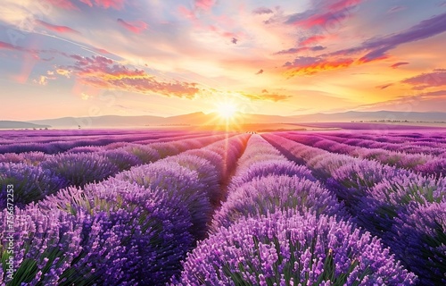 Beautiful lavender field at sunset with a colorful sky  in the United Kingdom  purple flowers in rows  summer landscape.
