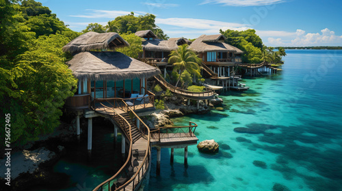 The turquoise waters of the Maldives, with overwater bungalows, palm trees, and a vibrant coral reef beneath.