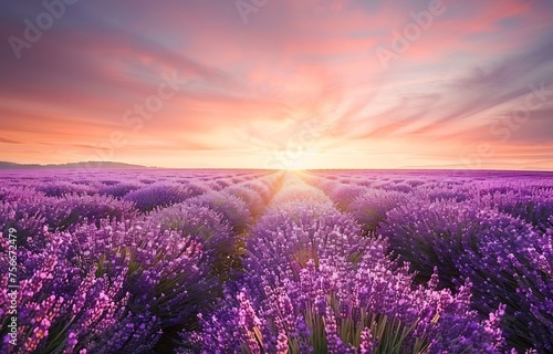 Beautiful lavender field at sunset with a colorful sky  in the United Kingdom  purple flowers in rows  summer landscape.
