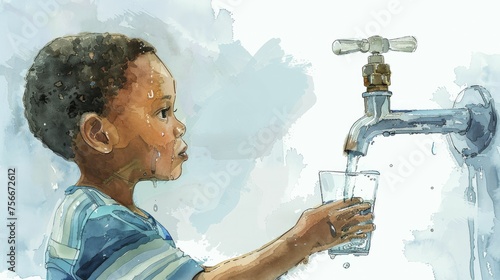 water faucet dripping contaminated water into a glass held by a minority child, showcasing the health risks posed by environmental racism, on a clear background