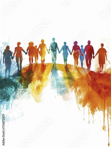 An illustration of diverse individuals linked arm in arm, moving forward together across a bridge labeled Empowerment, set against a clear, hopeful horizon.