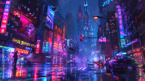 Abstract cyberpunk streets illustration futuristic city at night  skyscrapers and neon lights glow