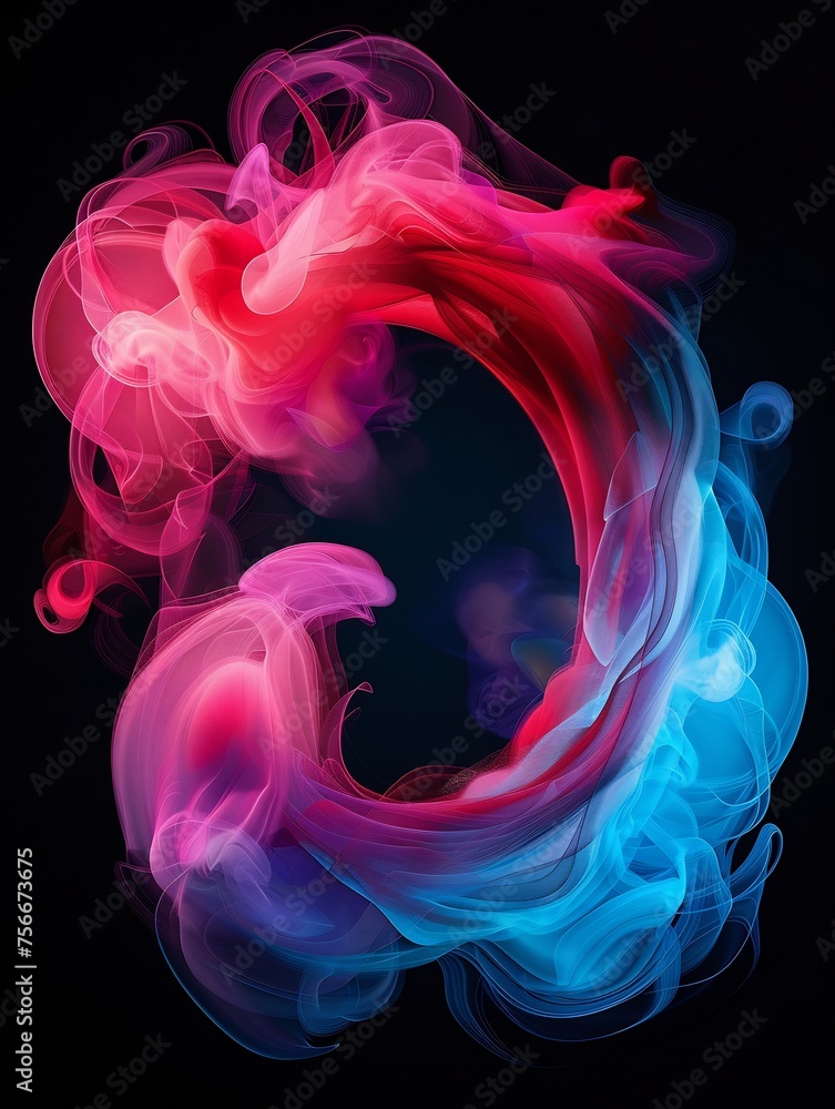 Abstract pink and blue gradient with swirls of red, forming the shape of an O on a black background.