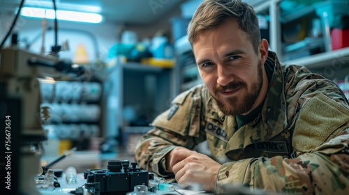 Smiling military engineer in camouflage working on technical equipment