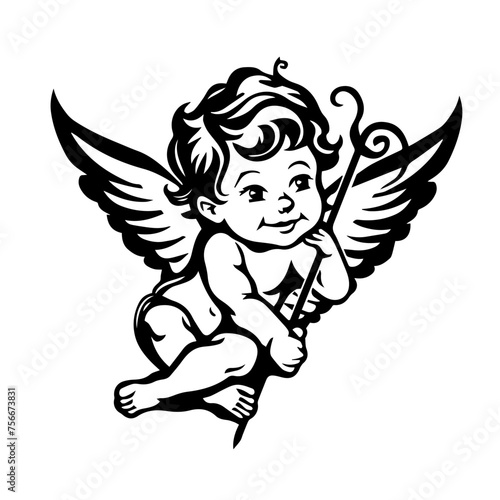 Smiling Cherub with Wings and Wand Vector Illustration