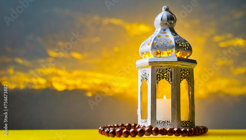 Fawanis. Traditional Ramadan lantern with prayer beads on bright yellow background. photo
