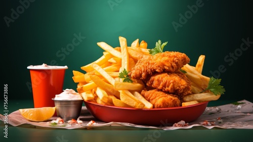 A red bowl filled with crispy french fries sits beside a cup of vibrant ketchup