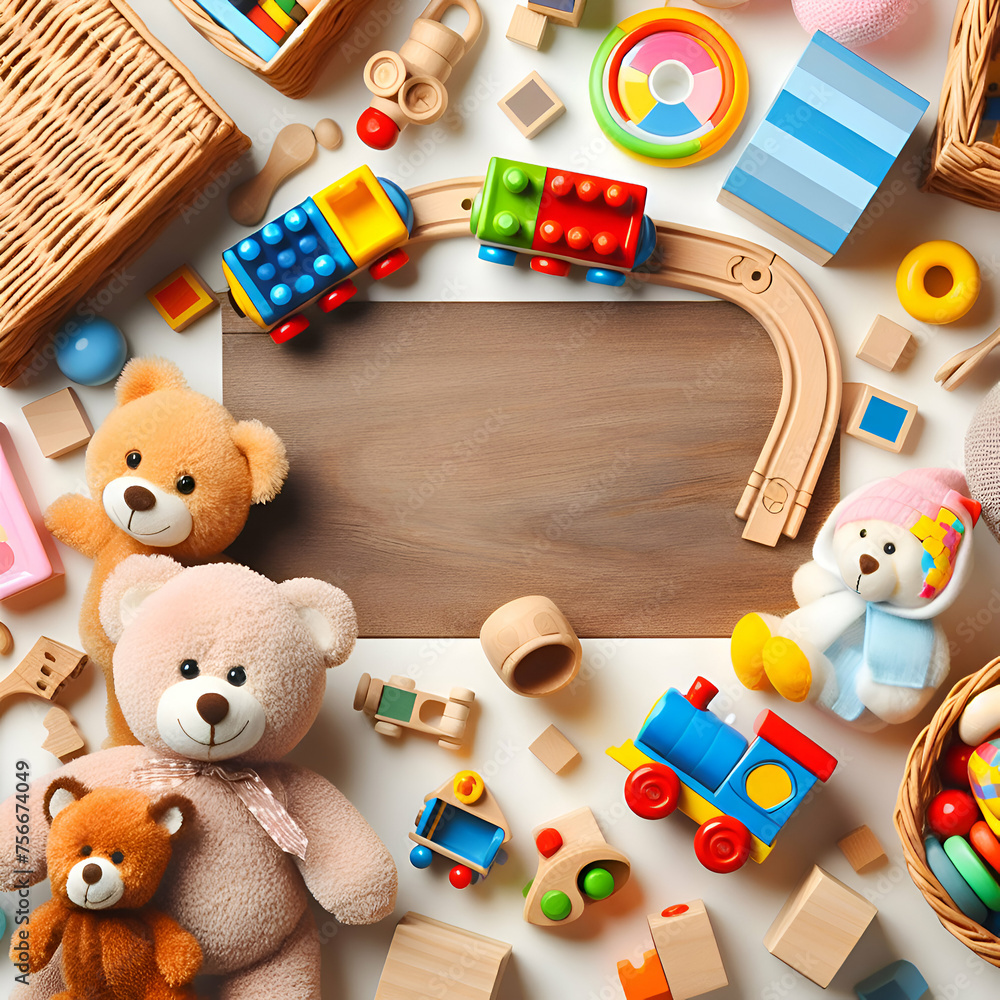 Obraz premium Baby, Kids Toys Background,Teddy Bears, Wooden Train, Toy Cars, Colorful Blocks