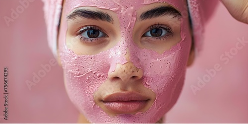 Rejuvenated Asian Woman with Pink Clay Facial Mask  A Smooth Transformation. Concept Skincare Routine  Facial Products  Asian Beauty  Self-care  Beauty Transformation