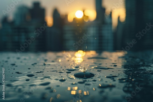 Raindrops on a surface reflect a city's golden sunset, combining urban life with the beauty of nature's elements.