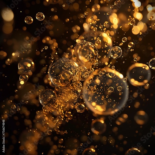 A small explosion of bubbles, rendered in the style of Unreal Engine 5, with golden lighting and a dark background.