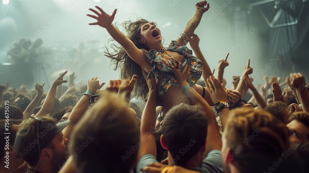 Obraz premium A crowded concert hall with scene stage lights , rock show performance, with people silhouette, on dance floor air during a concert festival