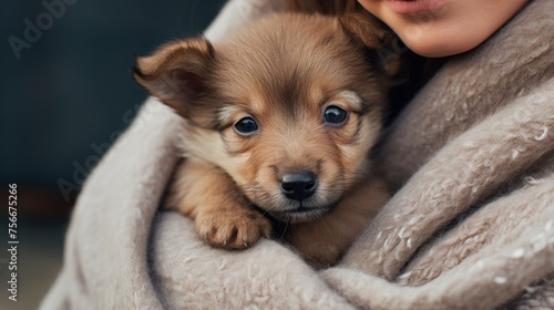 A young girl is holding a cute puppy in her arms. Best friend, friendship between an animal and a human, caring.