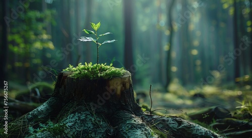 The tree stump had a young green plant sprouting in the middle of a dark forest. Logo for environmental protection, ecology and nature concepts photo