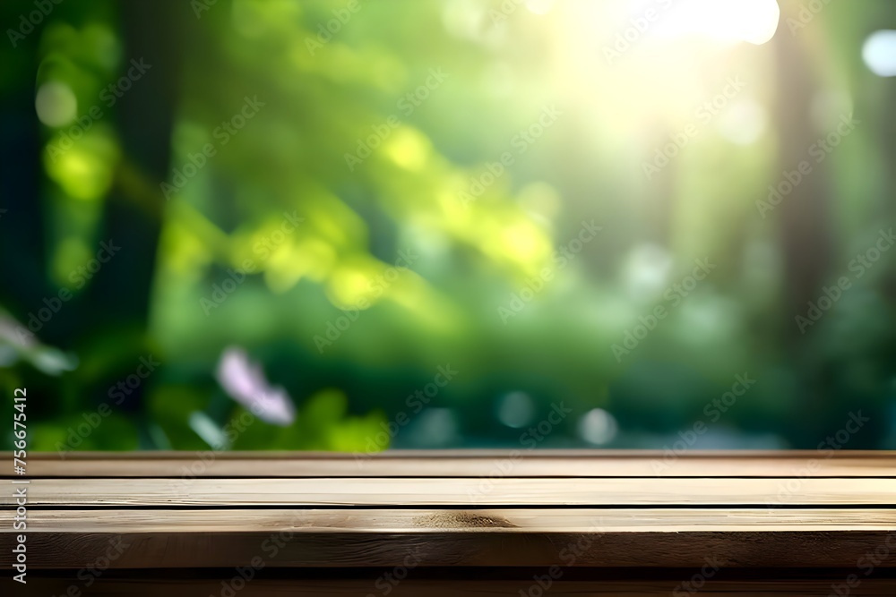 Empty wooden deck table over blurred tree with bokeh background, for product display montage. Generative Ai. 1 Empty wooden deck table over blurred tree with bokeh background, for product display montage. Generative Ai. 1