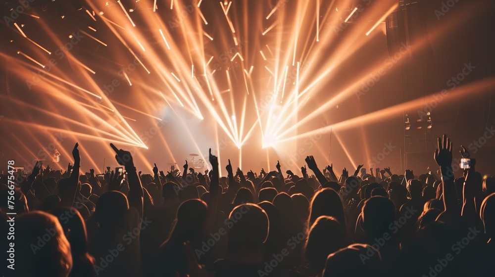 A crowded concert hall with scene stage lights , rock show performance, with people silhouette, on dance floor air during a concert festival