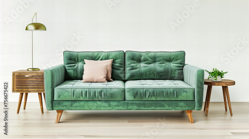 Chic Living Room with Velvet Sofa: Modern Design Featuring Dark Green Accents and Elegant Wooden Floors for a Cozy Atmosphere