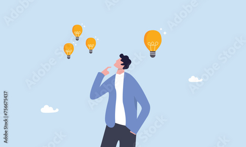 One big idea vs many small ideas, brainstorming, improvement, a businessman thinking making a choice one big idea vs many small ideas light bulbs