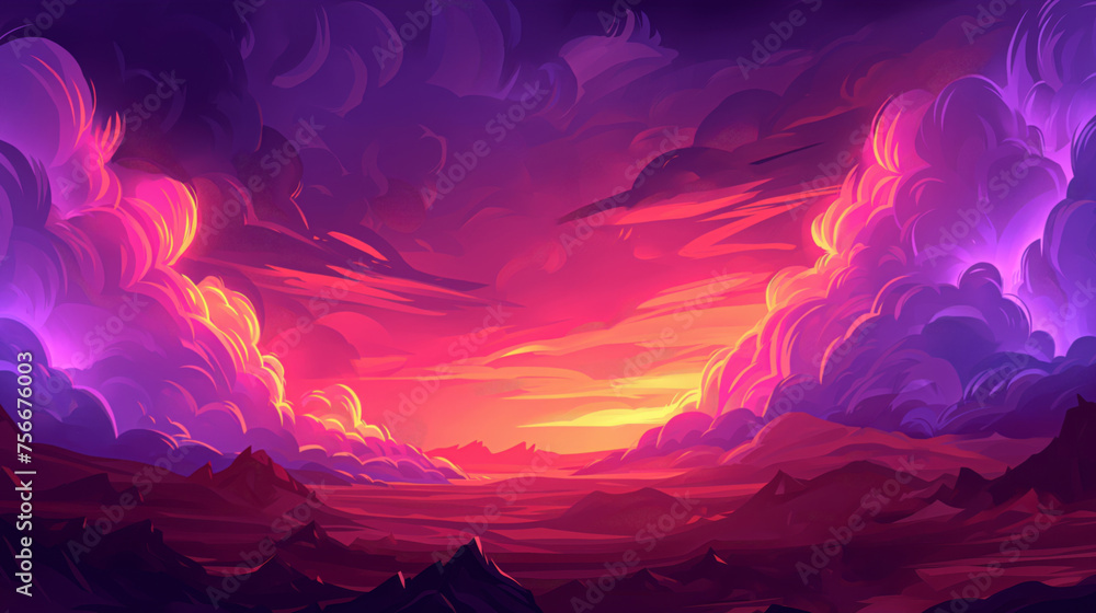 A breathtaking digital landscape of swirling clouds and mountains under a vibrant sunset sky, rich in pink and purple hues.