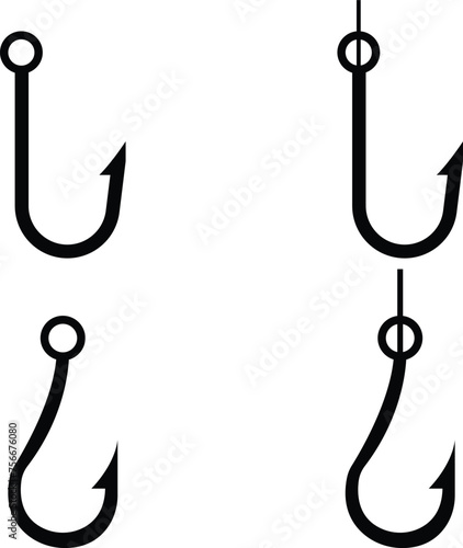 Fishing hook vector icon set, isolated on transparent background, simple hook silhouette, This has clipping path. hook attached to cable graphic fishing hook, Wallpaper with catching of fish.