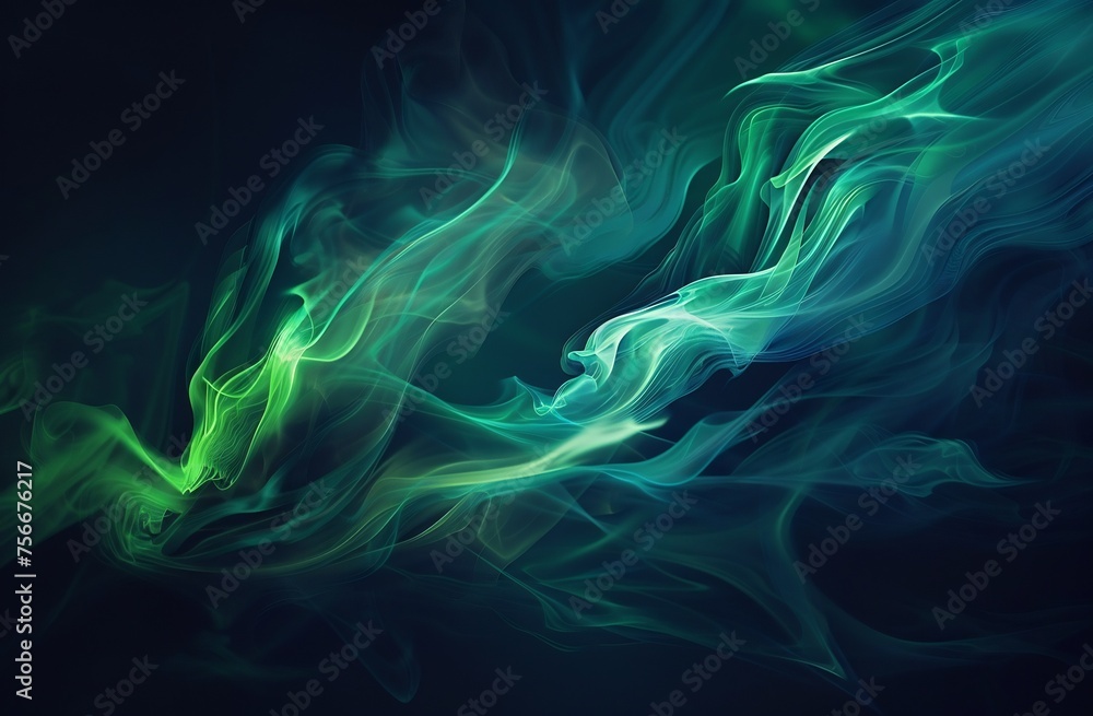 Abstract digital art of green and blue smoke in the shape of an animal, set against a black background