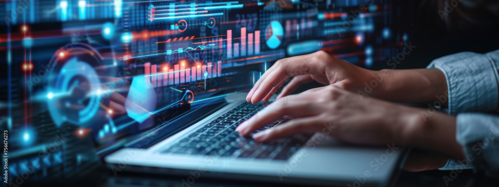 person's hands are seen typing on a laptop keyboard, with futuristic digital graphics of charts, graphs, and data analytics floating above the computer screen. person's hands are seen typing on a laptop keyboard, with futuristic digital graphics of charts, graphs, and data analytics floating above the computer screen.