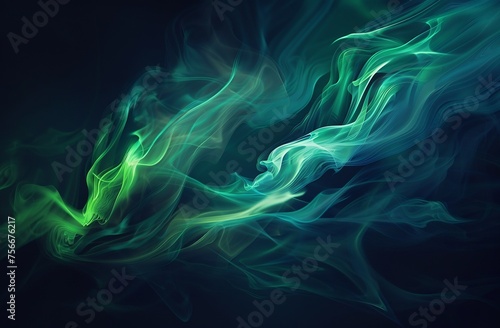 Abstract digital art of green and blue smoke in the shape of an animal, set against a black background