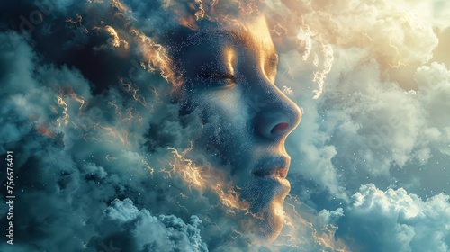 Surreal image of a woman's face seamlessly blended into a cosmic tapestry of clouds, stars, and light, evoking a sense of the ethereal.