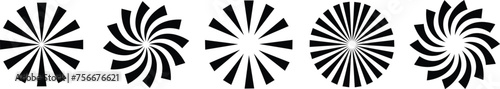 Sunburst element radial stripes or sunburst backgrounds icons set. Collection of rays design. Retro stars black vector isolated on transparent. Editable stock flat geometric sunburst symbol.