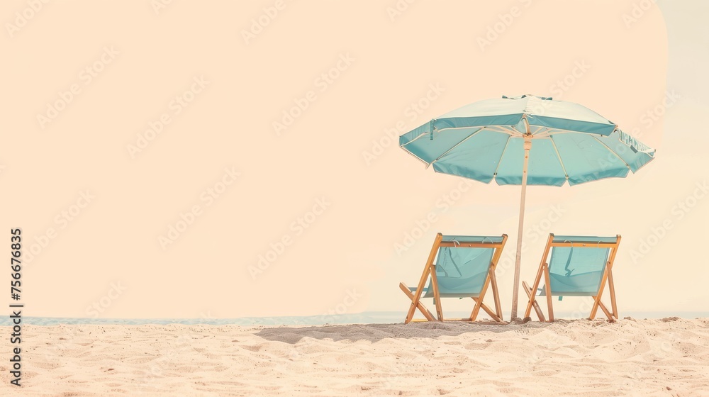 A serene beach scene with two chairs and an umbrella set up on the sandy shore