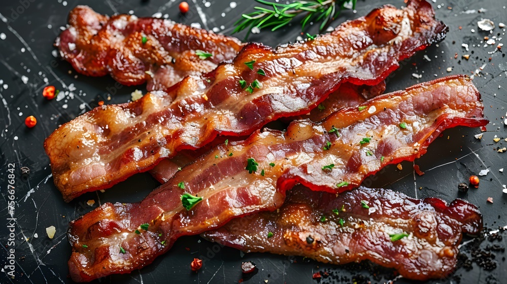 Fried bacon with spices on a black marble Fried bacon with spices on a black marble
