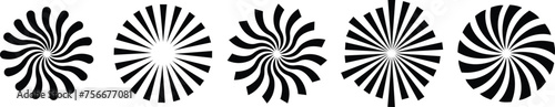Sunburst element radial stripes or sunburst backgrounds icons set. Collection of rays design. Retro stars black vector isolated on transparent. Editable stock flat geometric sunburst symbol.