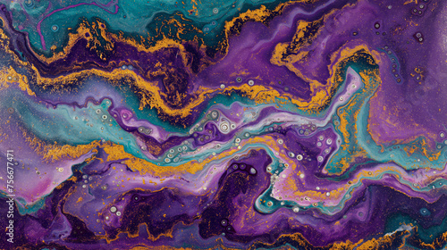 An abstract fluid art painting with swirling patterns of purple  teal  and gold  creating a mesmerizing and vibrant visual texture.