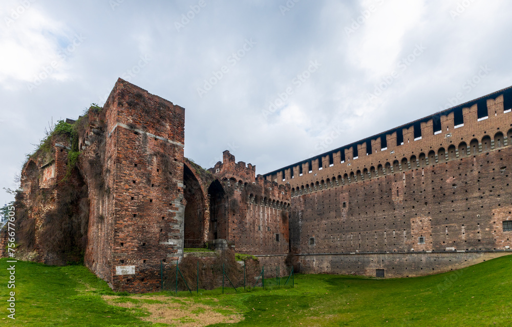 Castello Sforzesco or Sforza Castle in Milan, Italy. Huge Medieval-Renaissance fortress with historical museums and art collections.