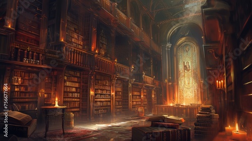 An ancient library with towering bookshelves  hidden alcoves  and magical glowing manuscripts. Resplendent.