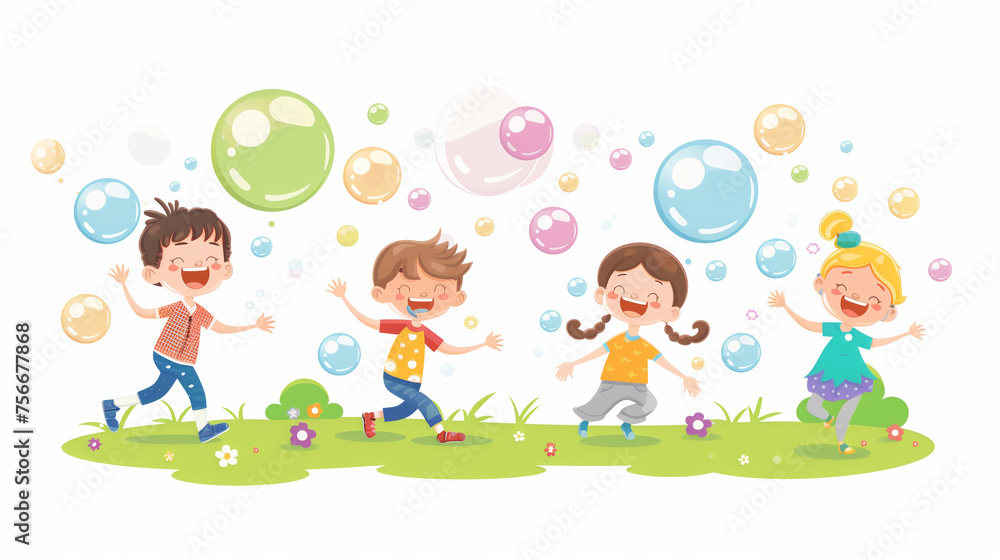 Illustration of a group of children cheering and jumping on a summer day, with soap bubbles flying around. Illustration of a group of children cheering and jumping on a summer day, with soap bubbles flying around.